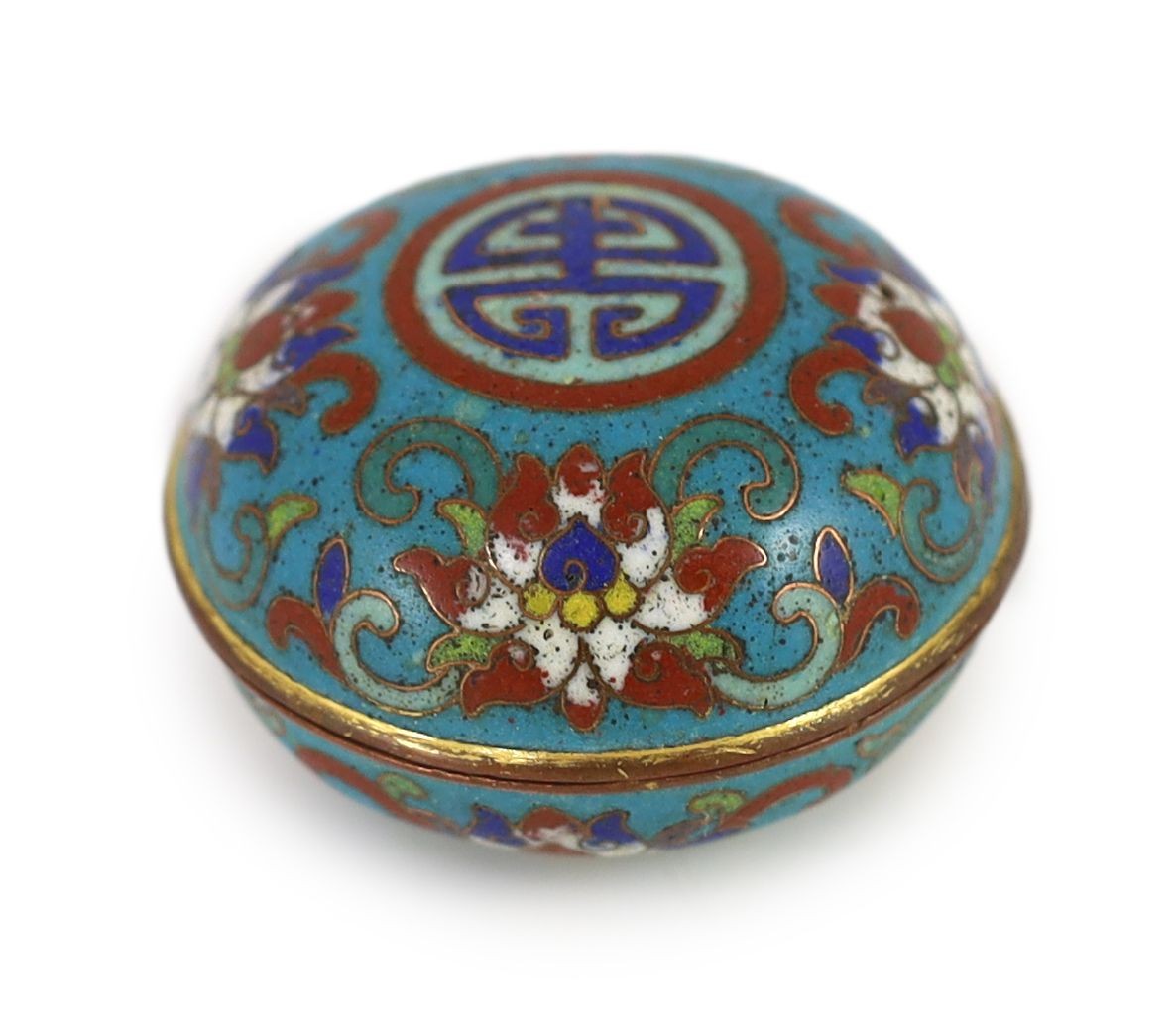 A Chinese cloisonné enamel seal paste box and cover, 17th/18th century, 5.5 cm diameter